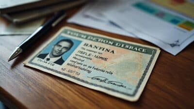 Image d'un vieux permis de conduire placé sur une table en bois avec des documents et un stylo à proximité.