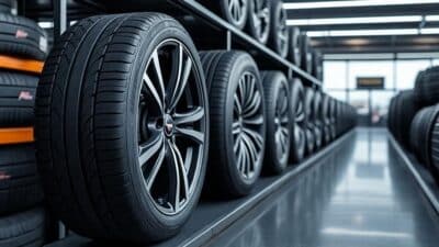 Image de pneus montés sur un véhicule en showroom, illustrant la diversité des styles et tailles pour acheteurs potentiels.