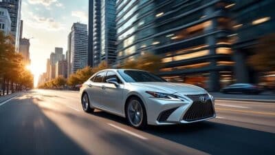 Voiture Lexus ES roulant à travers la ville, illustrant l'harmonie entre design moderne et ambiance dynamique.