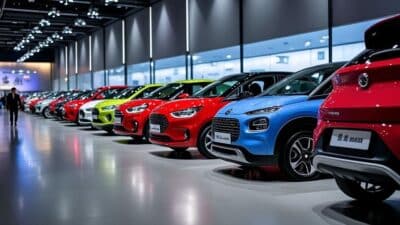 File d'attente de voitures compactes chinoises lors d'un salon automobile européen