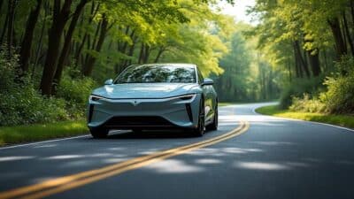 Voiture électrique écologique sur une route sinueuse entourée de verdure