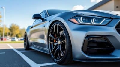 Image d'une voiture d'occasion impeccablement entretenue avec un extérieur éclatant et des pneus sans tache stationnée dans un lieu ensoleillé.