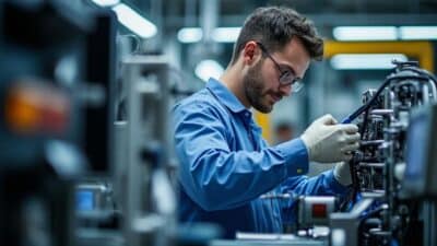 Des travailleurs collaborent sur une machinerie moderne à l'usine Tesla de Berlin, mettant en avant le travail d'équipe et la technologie.