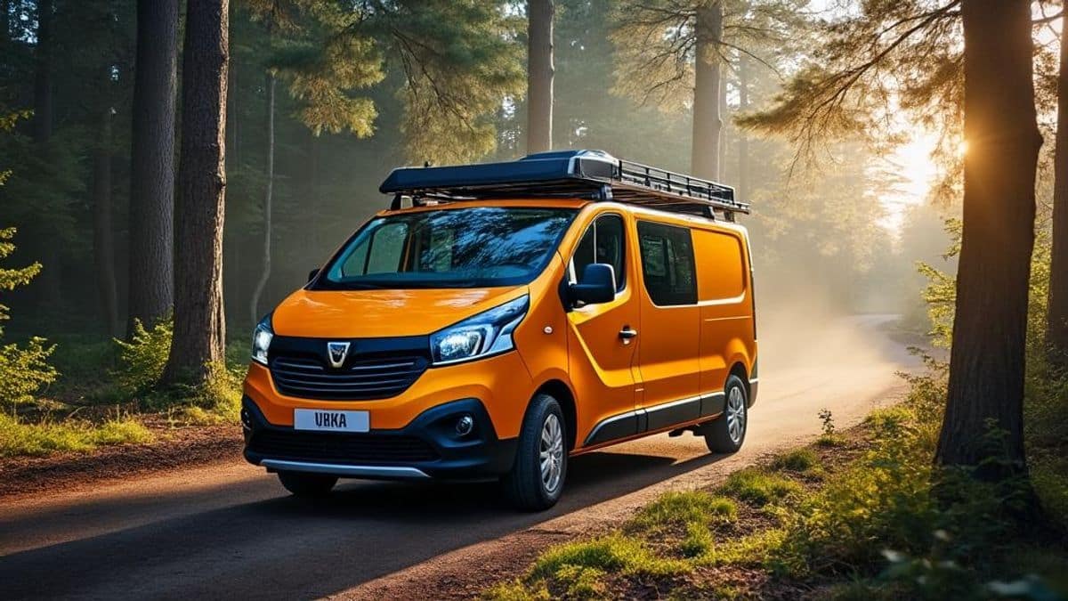Image d'un van Dacia en pleine forêt incitant aux voyages improvisés et à l'aventure en plein air.