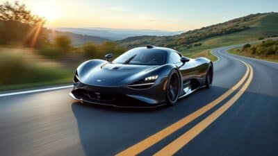 Image d'une hypercar électrique rapide sur une route de campagne, soulignant l'efficacité aérodynamique.