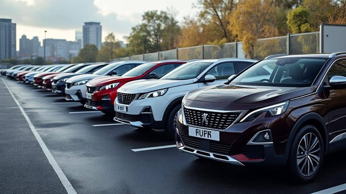 "Vue de dessus de différents modèles Peugeot montrant la diversité des options pour les acheteurs."