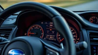 Dashboard de la Subaru WRX avec instruments modernes et données de performance lors d'un trajet