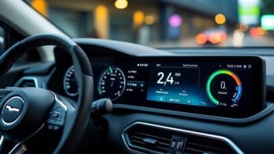 Affichage du tableau de bord d'une voiture équipée de PureTech avec des statistiques d'économie et des indicateurs de performance.