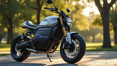 Vue de côté d'une moto électrique dans un parc avec des reflets de soleil sur sa carrosserie