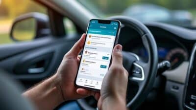 Smartphone présentant des choix variés pour l'inspection automobile, avec tarifs et évaluations visibles