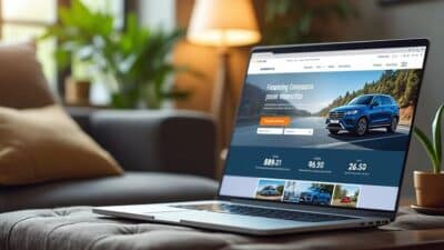 Image d'un salon confortable avec un ordinateur montrant des options de financement automobile.