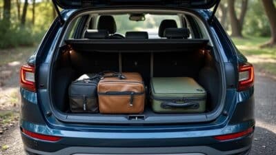 Coffre généreux de la Skoda Peaq montrant un vaste espace de rangement pour bagages et matériel de plein air.