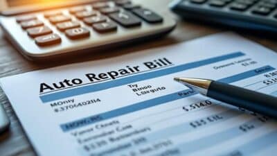 Zoom sur une facture de garage dévoilant les frais de pièces et main-d'œuvre avec une calculatrice à l'arrière-plan.