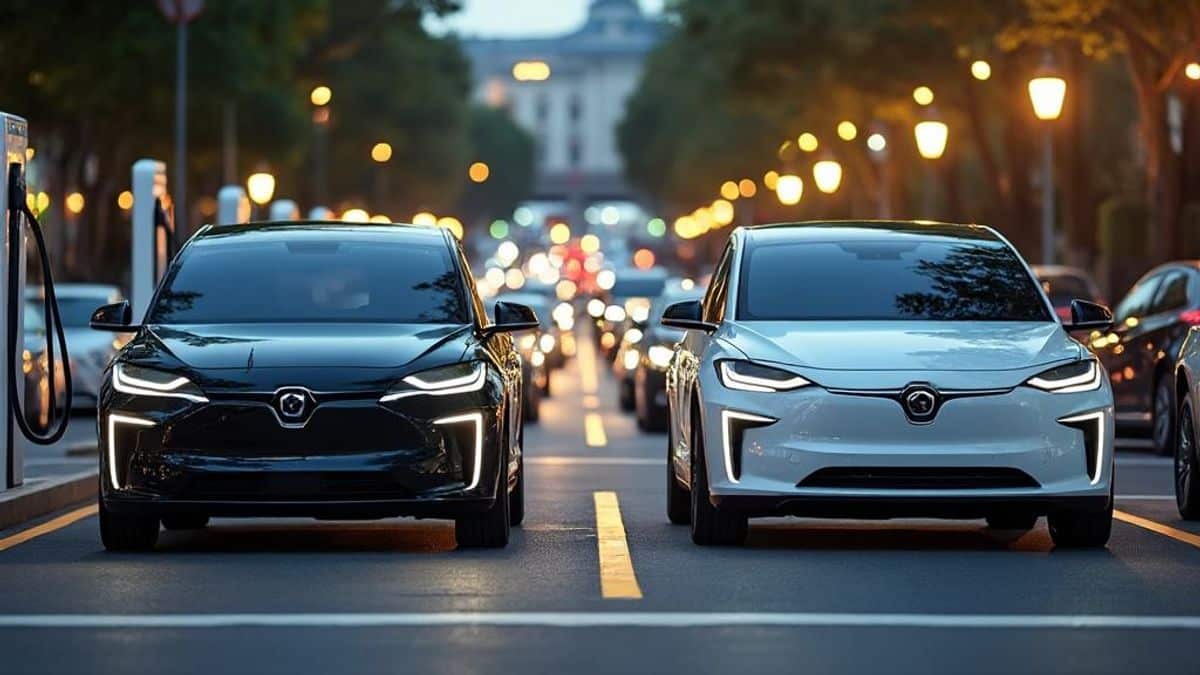 Rue animée avec voitures électriques, recharge sous les lumières brillantes de la ville
