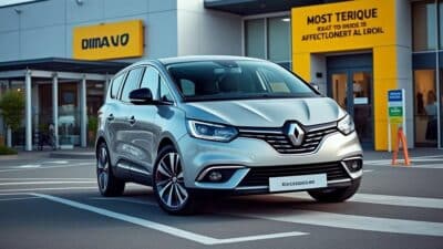 Image d'un Renault Espace garé chez un concessionnaire avec une signalisation pour des vérifications gratuites, assurant la sécurité routière.