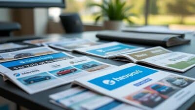 Arrangement impeccable de brochures d'assurance auto sur un bureau contemporain