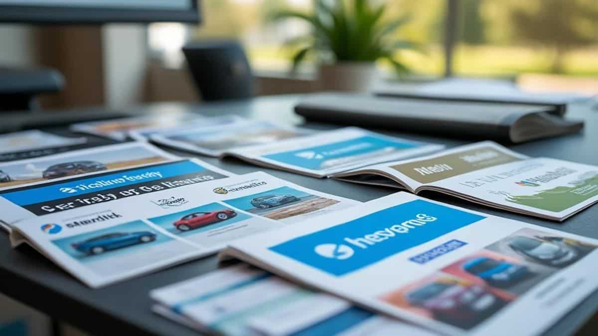 Arrangement impeccable de brochures d'assurance auto sur un bureau contemporain