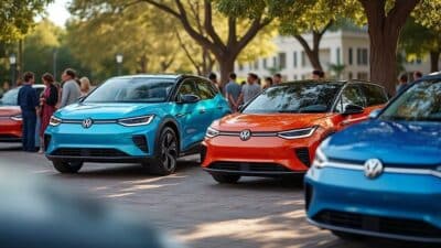 Voitures électriques Volkswagen admirées par les passants dans un quartier