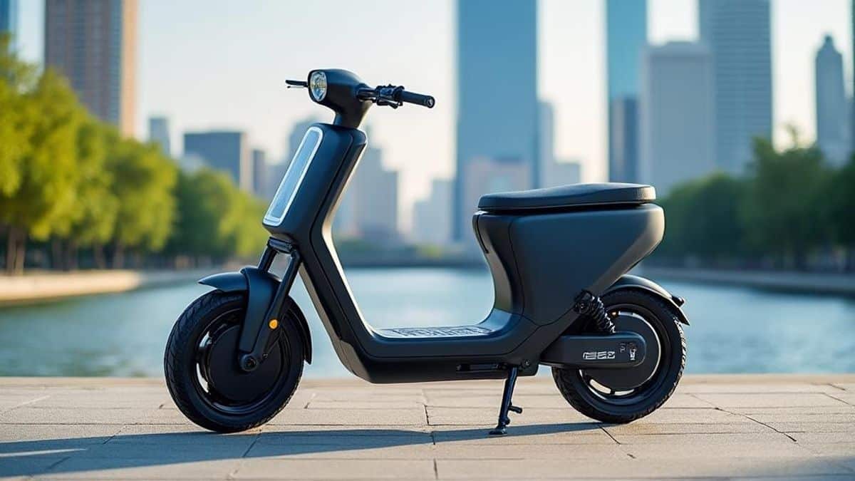 Scooter électrique innovant et paysage urbain vibrant