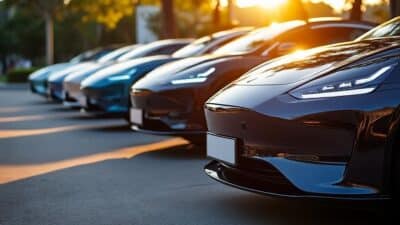 Rangée de voitures électriques de luxe éblouissant sous le soleil à une exposition vietnamienne.