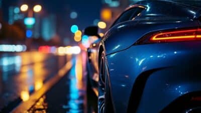 Vue rapprochée des lignes luxueuses d'une voiture sous la pluie et lumières urbaines nocturnes.