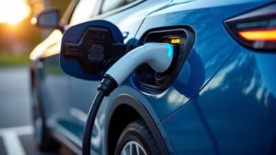 Gros plan sur un port de charge de voiture électrique illuminé mettant en avant l'innovation technologique et la durabilité.