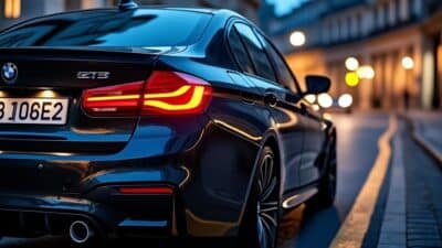 Vue aérienne d'une BMW avec feux d'avertissement, soulignant l'état du véhicule.