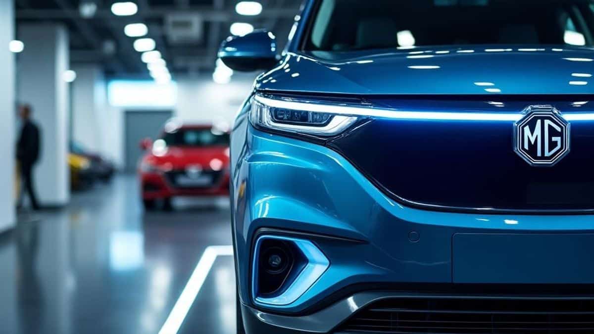 Vue rapprochée du SUV électrique MG exhibant une technologie de batterie semi-solide sous des lumières vives de showroom.