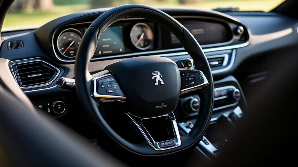 Vue détaillée du tableau de bord Peugeot avec commandes d'époque et volant raffiné.