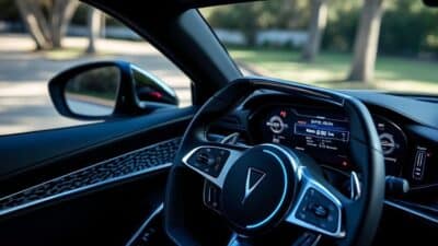 Image gros plan du tableau de bord sophistiqué d'une supercar, mettant en valeur les écrans avancés et les matériaux haut de gamme