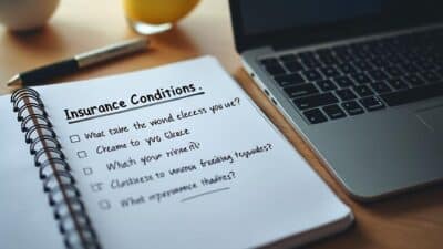 Carnet avec questions sur assurance à côté d'un ordinateur portable