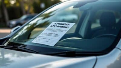 Image détaillée d'un véhicule garé avec ticket de parking sur le pare-brise.