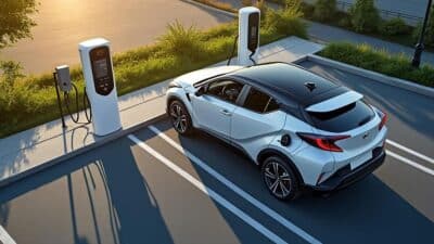 Image aérienne d'une Toyota CHR+ électrique en cours de recharge à une station, symbolisant son rôle dans la durabilité.