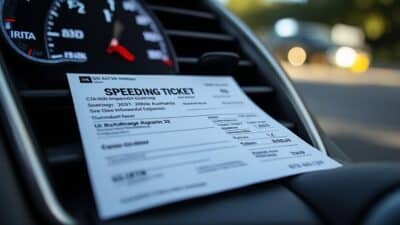 Gros plan d'une amende pour excès de vitesse sur tableau de bord avec informations véhicule et date.