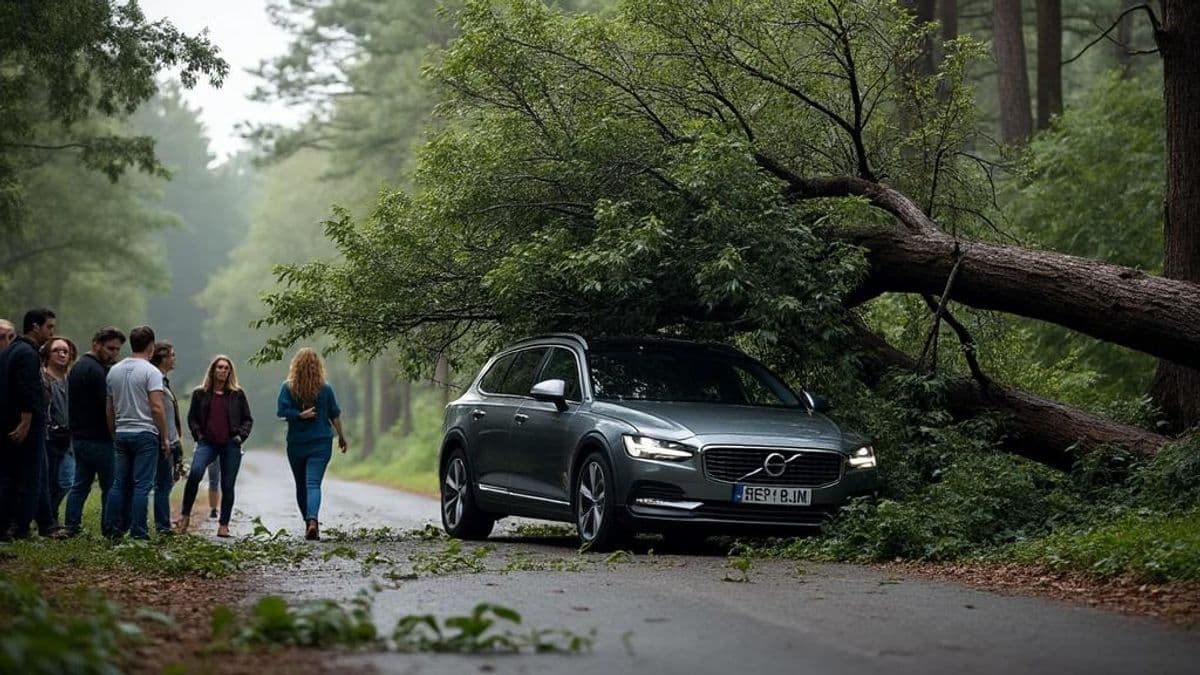 Voiture vue de côté avec un arbre tombé menaçant au-dessus et des spectateurs intrigués autour.