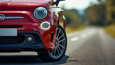 Une voiture Fiat stationnée sur une route calme avec des pneus en parfait état.