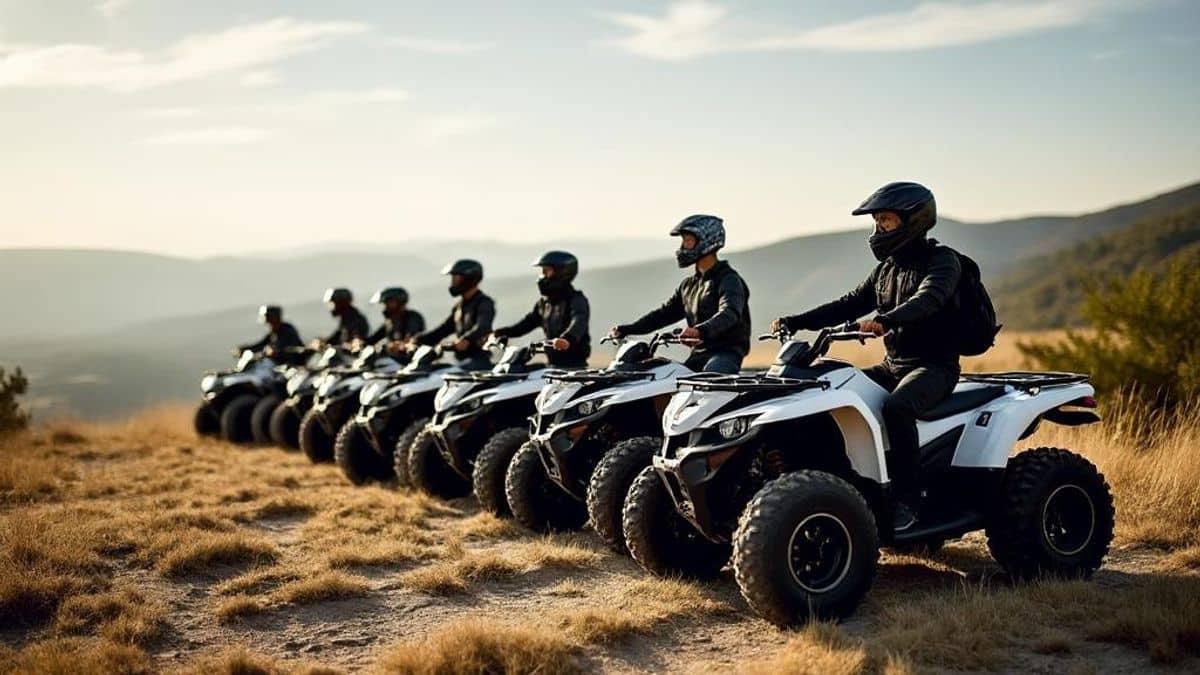 Vue large des quads électriques alignés pour une excursion palpitante