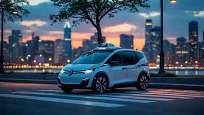 Vue d'un robotaxi Waymo durant une soirée tranquille dans une ville moderne.