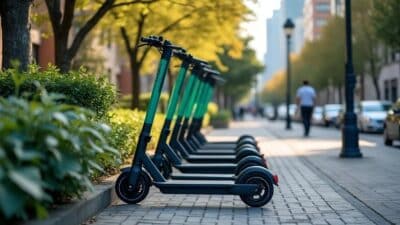 Panorama urbain avec trottinettes électriques soulignant la mobilité écofriendly.