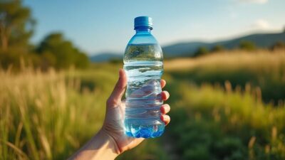 Mains avec une bouteille d'eau réutilisable dans la nature pour sensibiliser à l'environnement