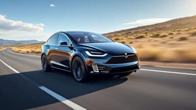Image spectaculaire de la Tesla Model X Plaid en pleine accélération sur une route dégagée