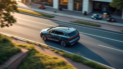 Vue aérienne du SUV électrique démontrant sa maniabilité et son adaptabilité en milieu urbain.