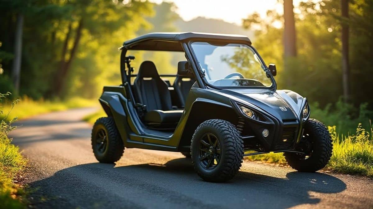 Vue rapprochée d'un buggy certifié sur une route pittoresque, avec une végétation luxuriante et un éclairage naturel.