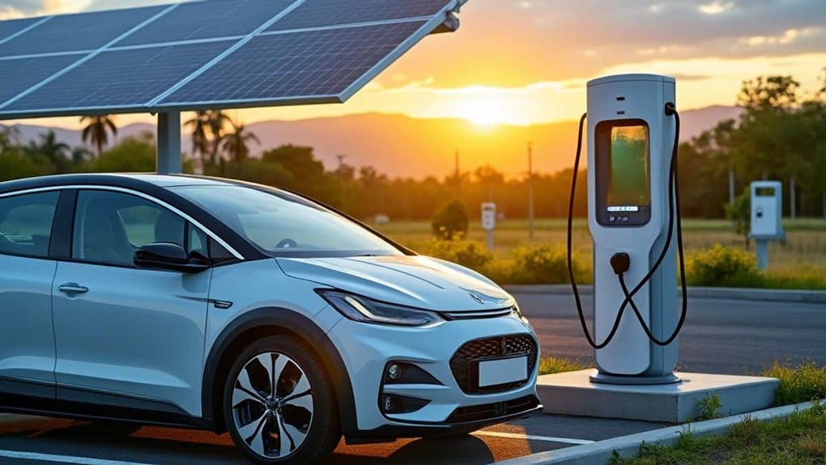Station de recharge alimentée par panneaux solaires, symbole d'énergie propre