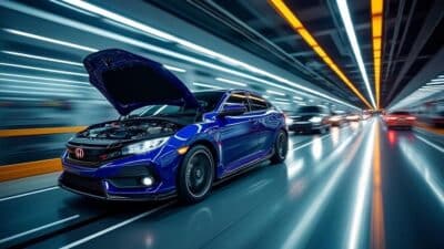 Photo en timelapse d'un garage auto dynamique montrant un service efficace et des clients satisfaits.