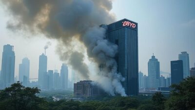 Fumée montant du bâtiment BYD à Shenzhen après un incident industriel