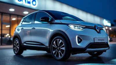 Image détaillée de la Twingo électrique sous éclairage de concessionnaire