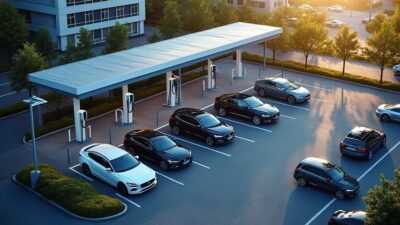 Une perspective aérienne d'une station de recharge Polestar avec des voitures électriques en plein centre-ville.