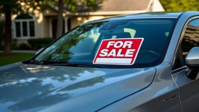Image d'une voiture avec un panneau "À Vendre" sur le pare-brise devant une maison.