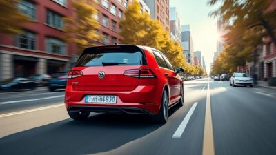 Image de la voiture Golf montrant sa capacité à s'adapter à un paysage urbain dynamique.
